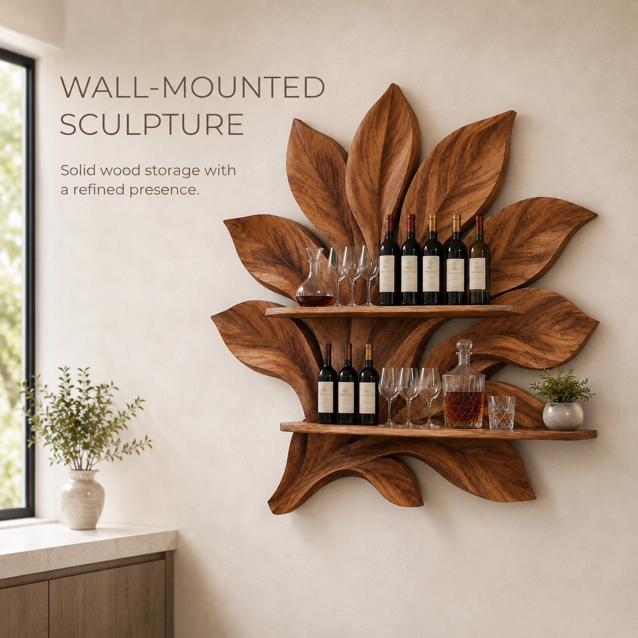 Solid Wood Wall Wine Rack with Glass Holder - 5 Bottle - Branch Form - product image 03