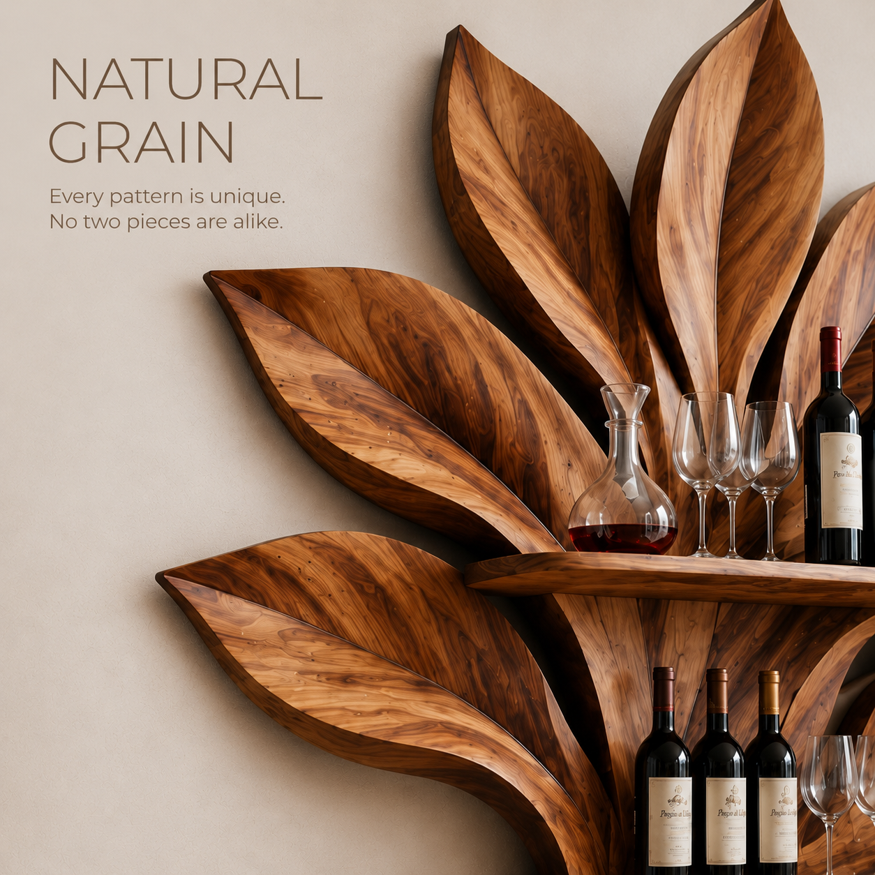 Solid Wood Wall Wine Rack with Glass Holder - 5 Bottle - Branch Form - product image 05