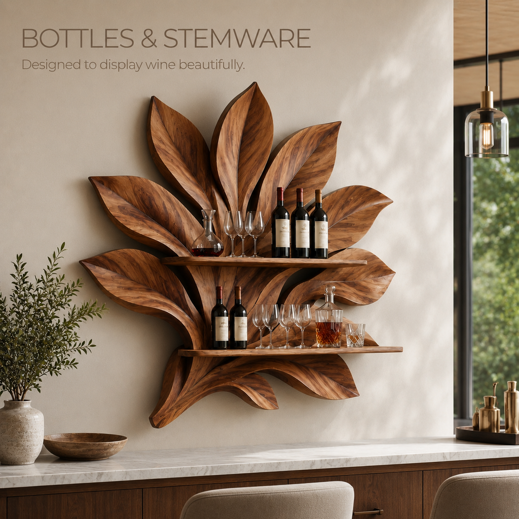 Solid Wood Wall Wine Rack with Glass Holder - 5 Bottle - Branch Form - product image 07