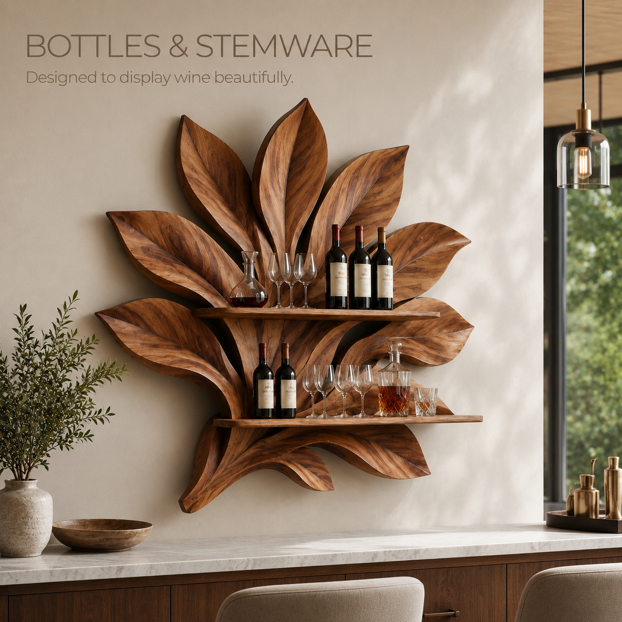 Solid Wood Wall Wine Rack with Glass Holder - 5 Bottle - Branch Form - product image 07