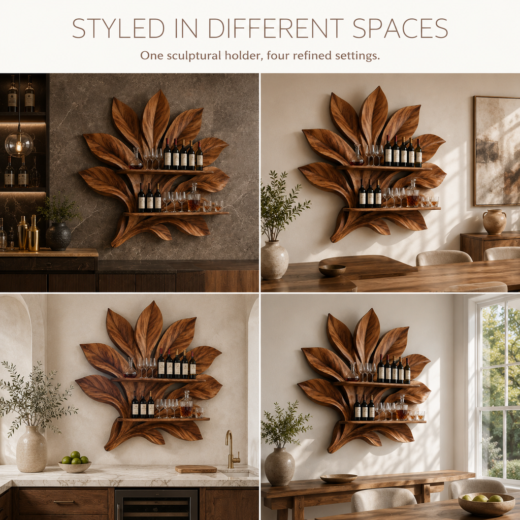 Solid Wood Wall Wine Rack with Glass Holder - 5 Bottle - Branch Form - product image 11