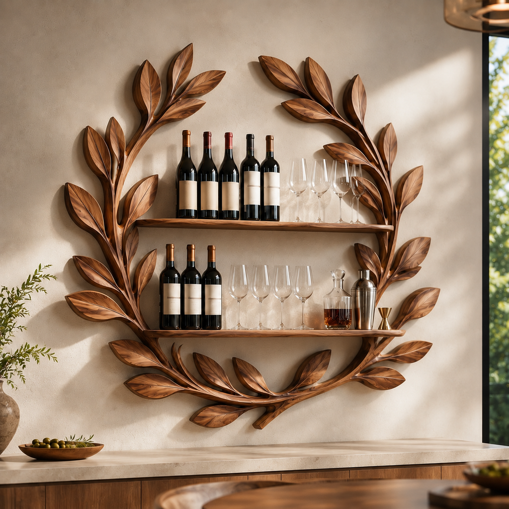 Solid Wood Wall Wine Rack with Glass Holder - 5 Bottle - Arched - main view