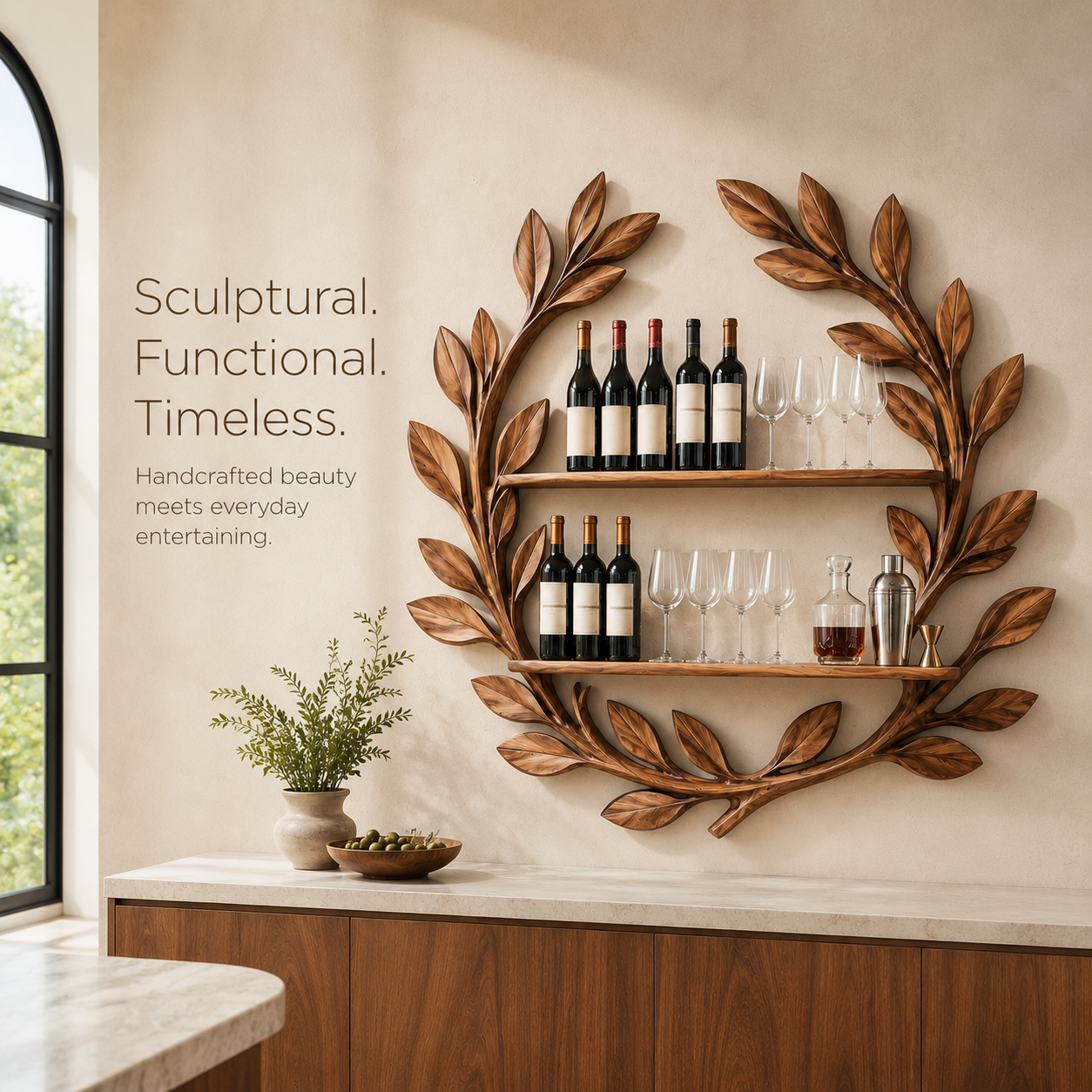 Solid Wood Wall Wine Rack with Glass Holder - 5 Bottle - Arched - product image 02