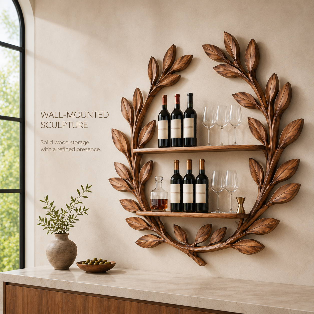 Solid Wood Wall Wine Rack with Glass Holder - 5 Bottle - Arched - product image 03