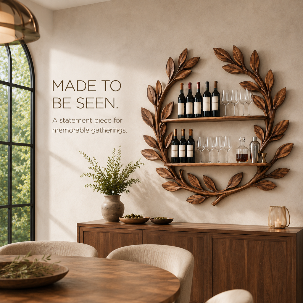 Solid Wood Wall Wine Rack with Glass Holder - 5 Bottle - Arched - product image 04