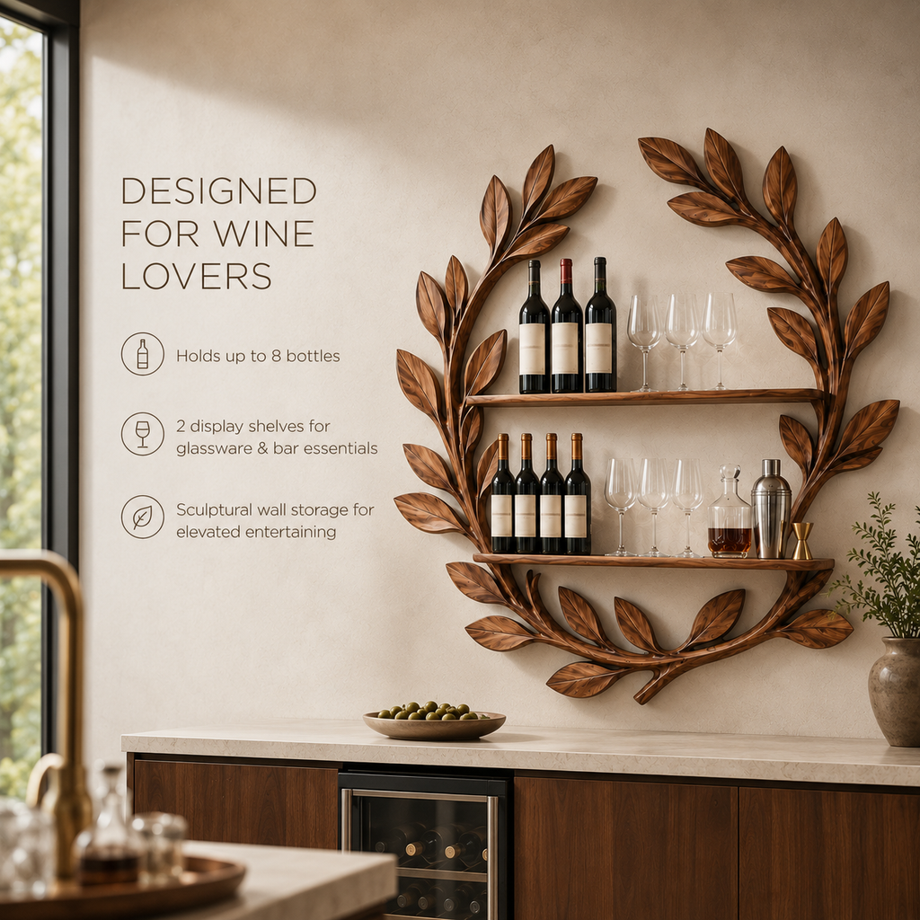 Solid Wood Wall Wine Rack with Glass Holder - 5 Bottle - Arched - product image 07