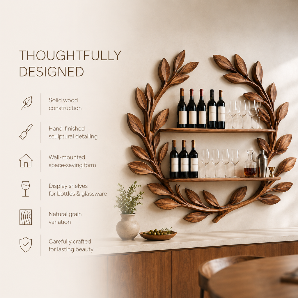 Solid Wood Wall Wine Rack with Glass Holder - 5 Bottle - Arched - product image 10