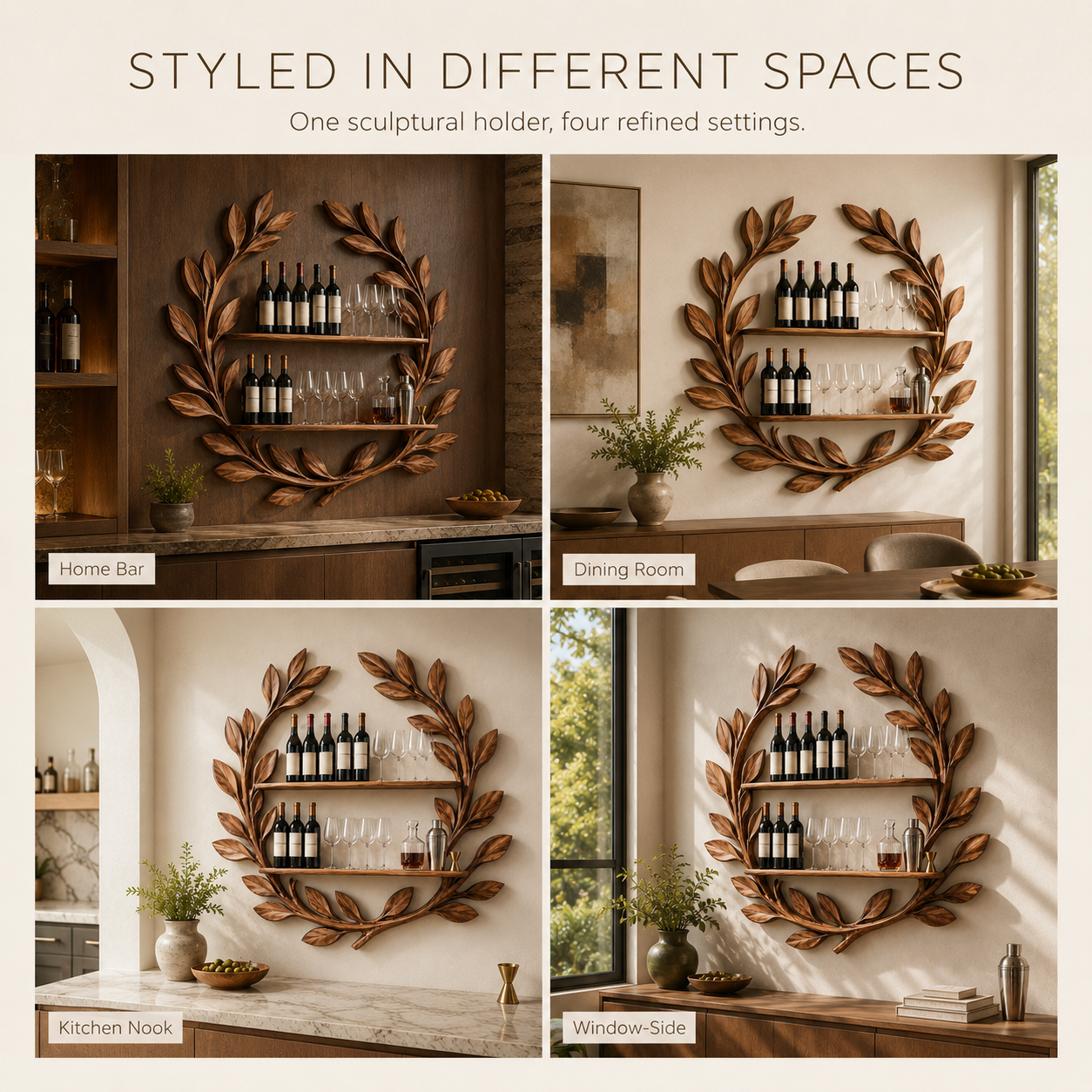 Solid Wood Wall Wine Rack with Glass Holder - 5 Bottle - Arched - product image 11
