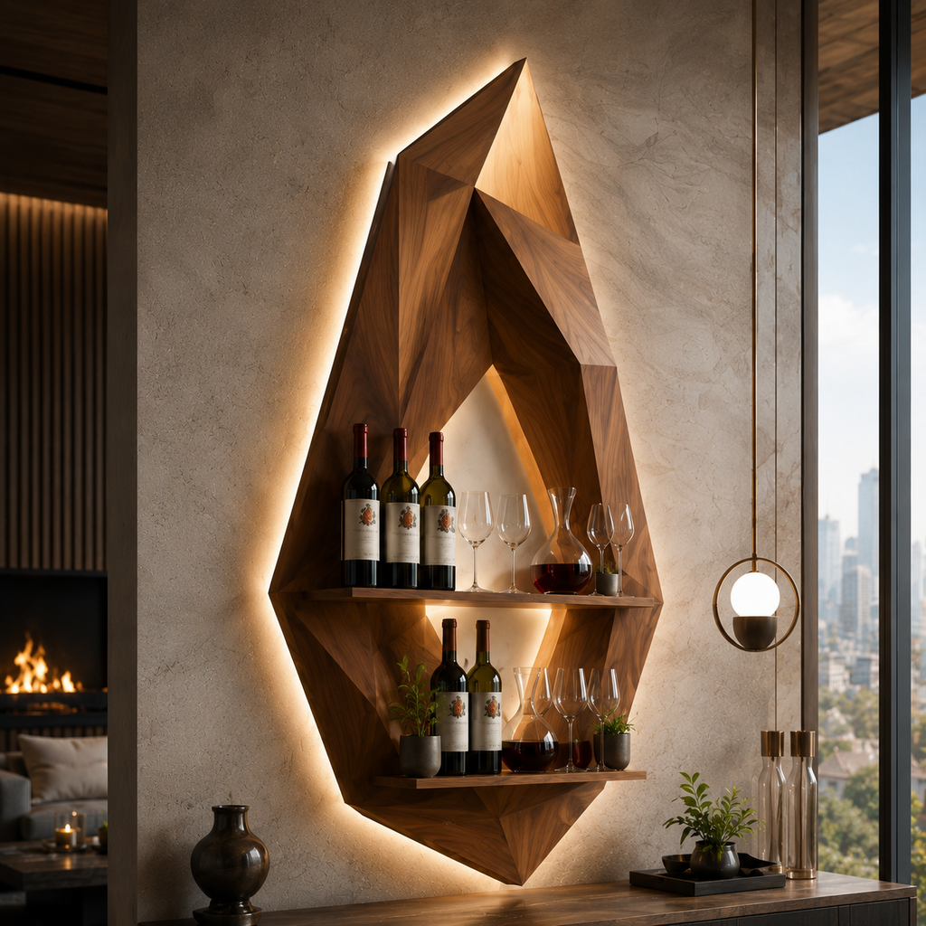 Solid Wood Wall Wine Rack with Glass Holder - 5 Bottle - Crescent - main view