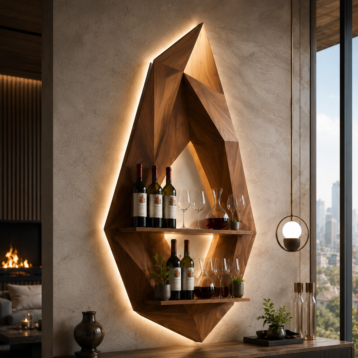 Solid Wood Wall Wine Rack with Glass Holder - 5 Bottle - Crescent - main view