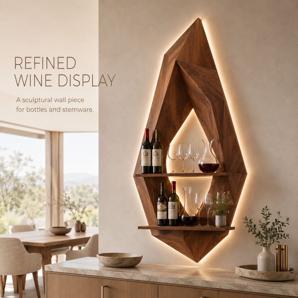 Solid Wood Wall Wine Rack with Glass Holder - 5 Bottle - Crescent - product image 02