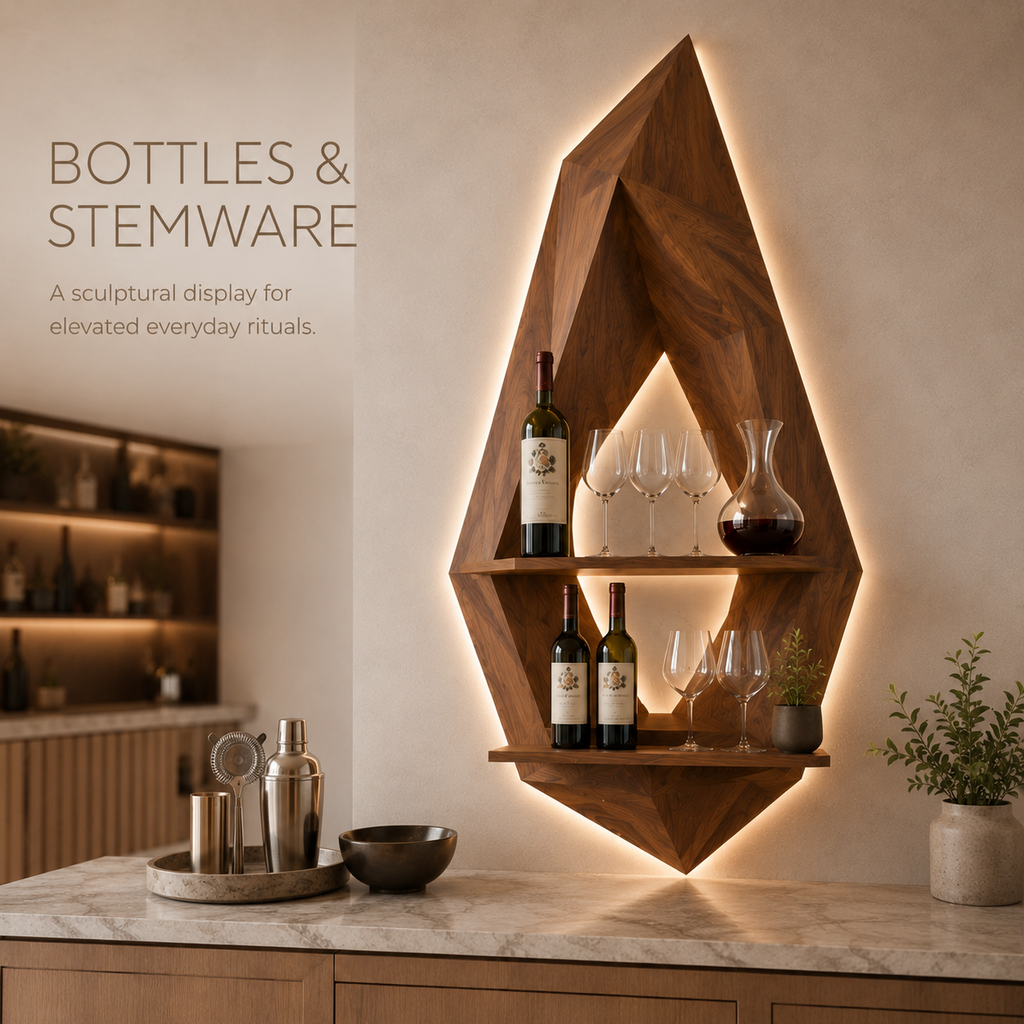 Solid Wood Wall Wine Rack with Glass Holder - 5 Bottle - Crescent - product image 07