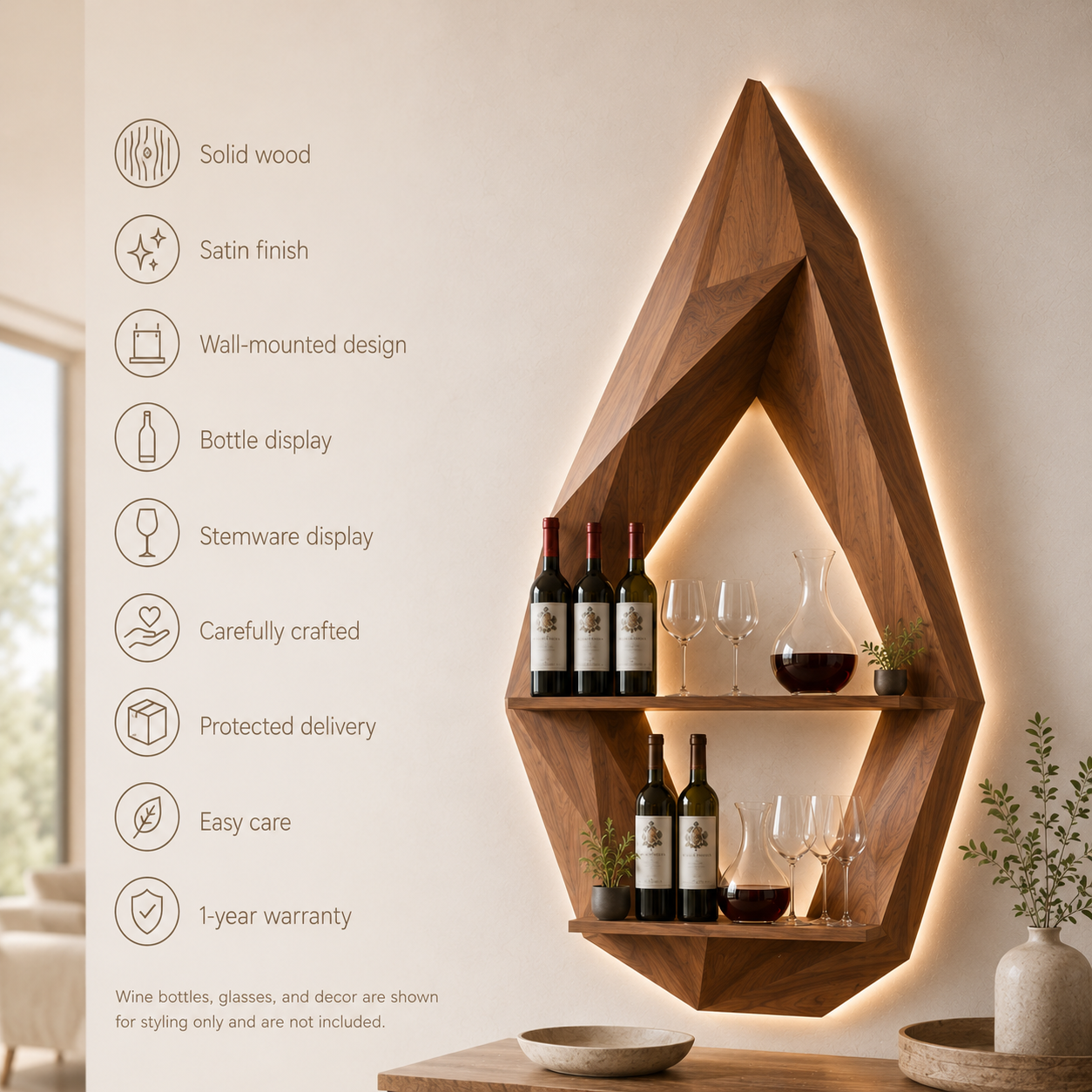 Solid Wood Wall Wine Rack with Glass Holder - 5 Bottle - Crescent - product image 09