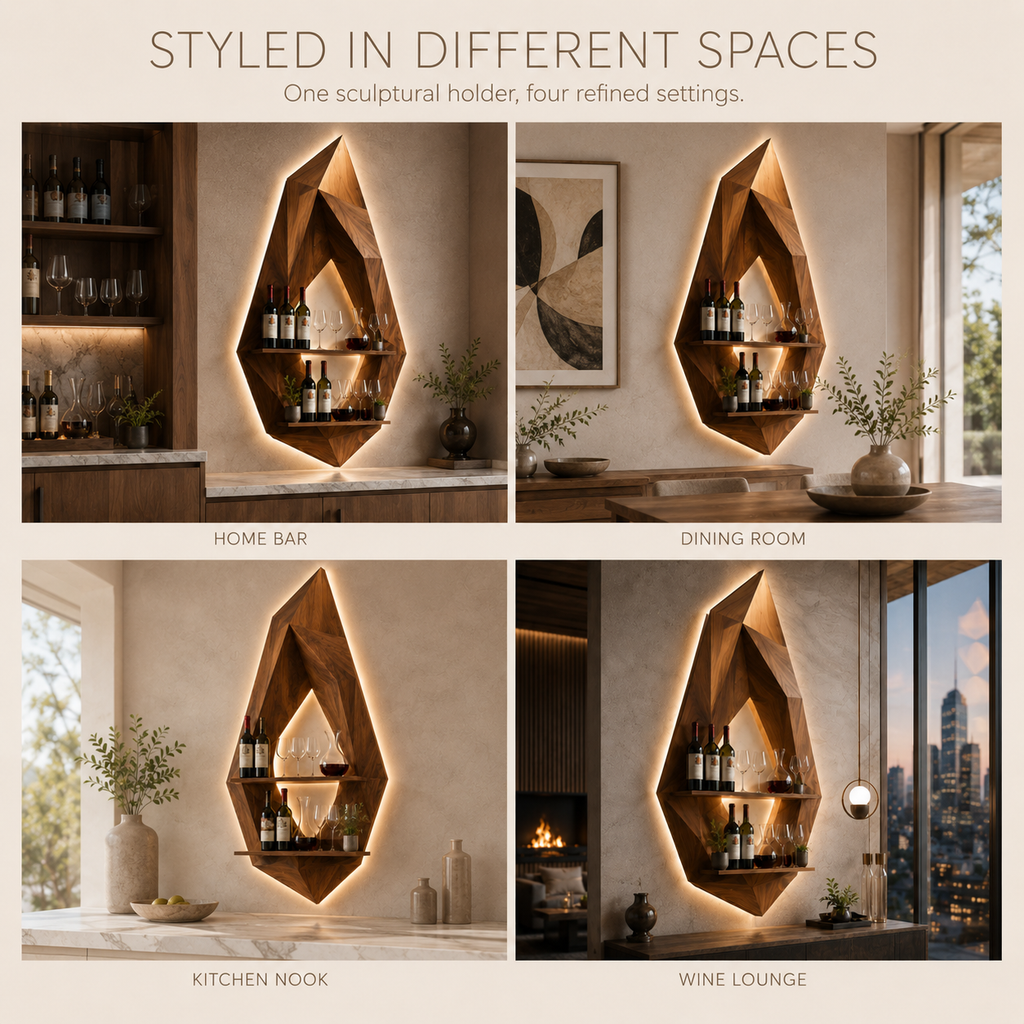 Solid Wood Wall Wine Rack with Glass Holder - 5 Bottle - Crescent - product image 11