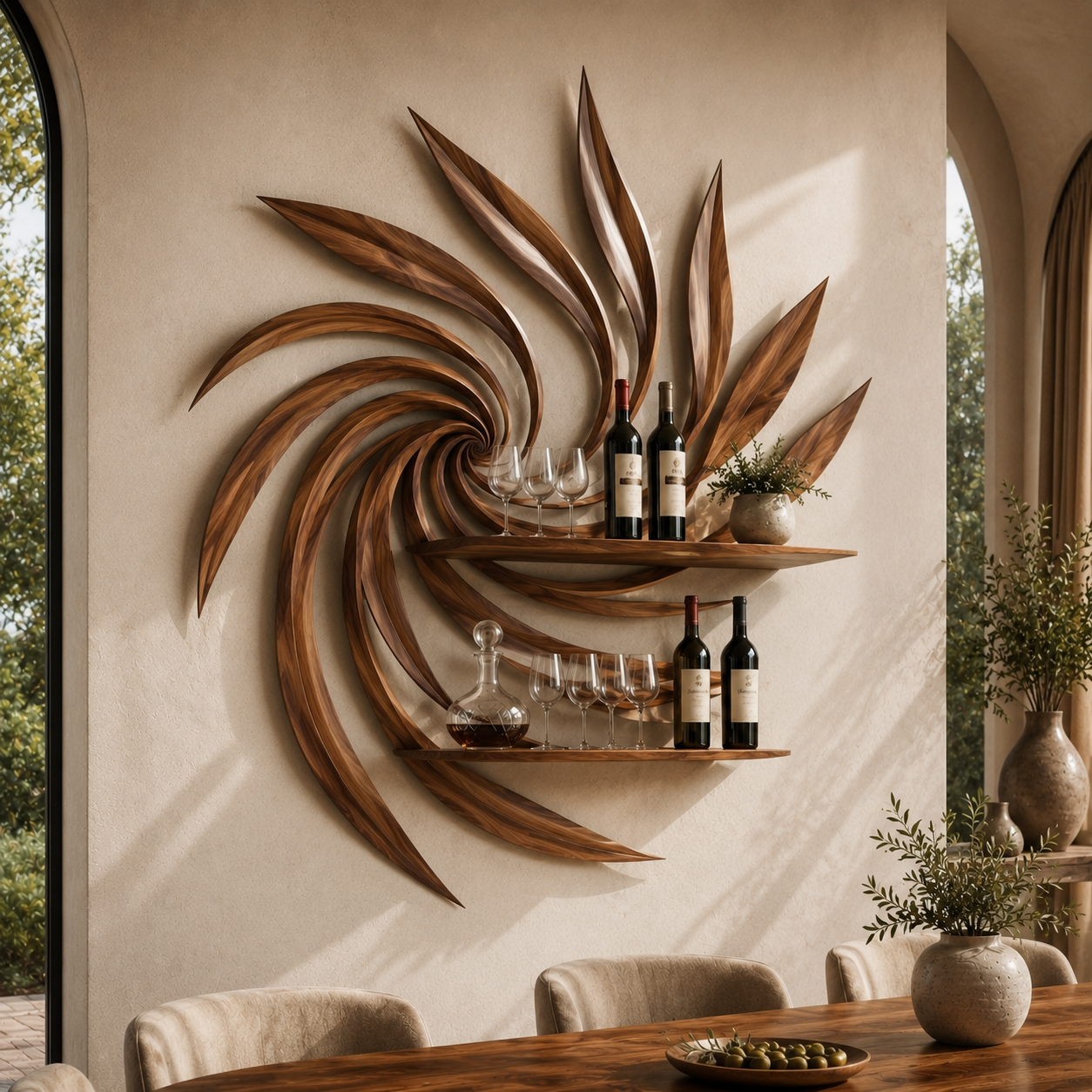 Solid Wood Wall Wine Rack with Glass Holder - 5 Bottle - Gallery Rail - main view