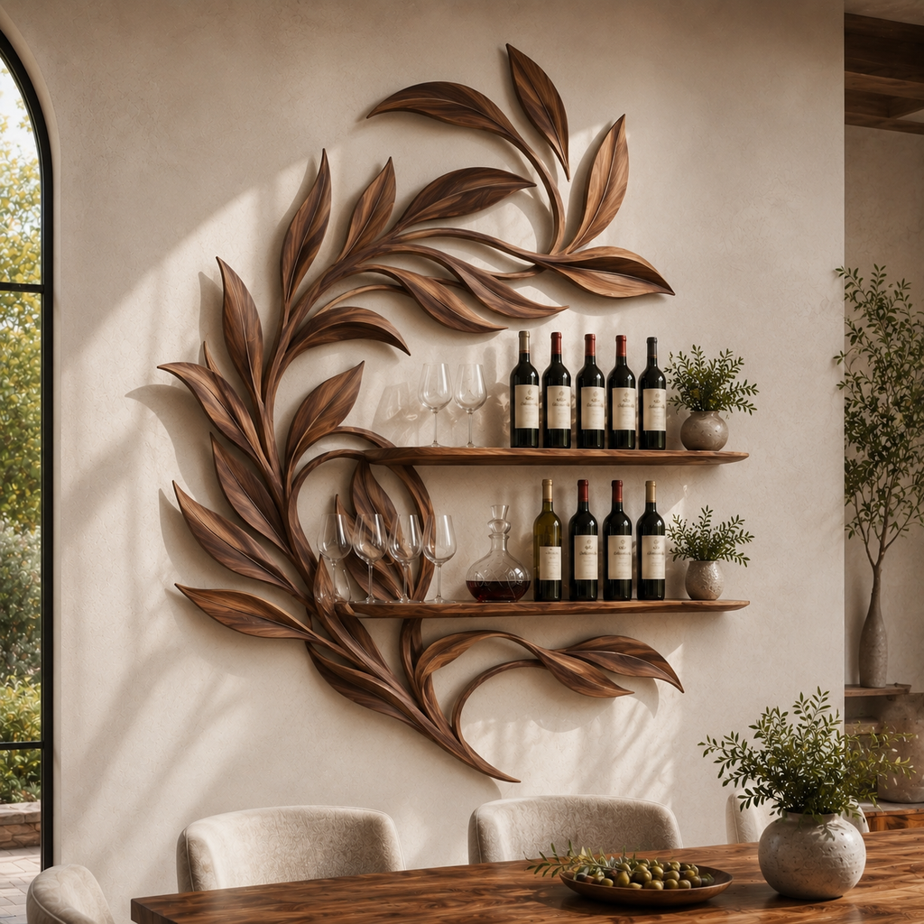 Solid Wood Wall Wine Rack with Glass Holder - 5 Bottle - Live Edge - main view