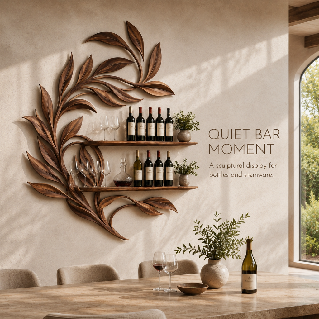 Solid Wood Wall Wine Rack with Glass Holder - 5 Bottle - Live Edge - product image 02