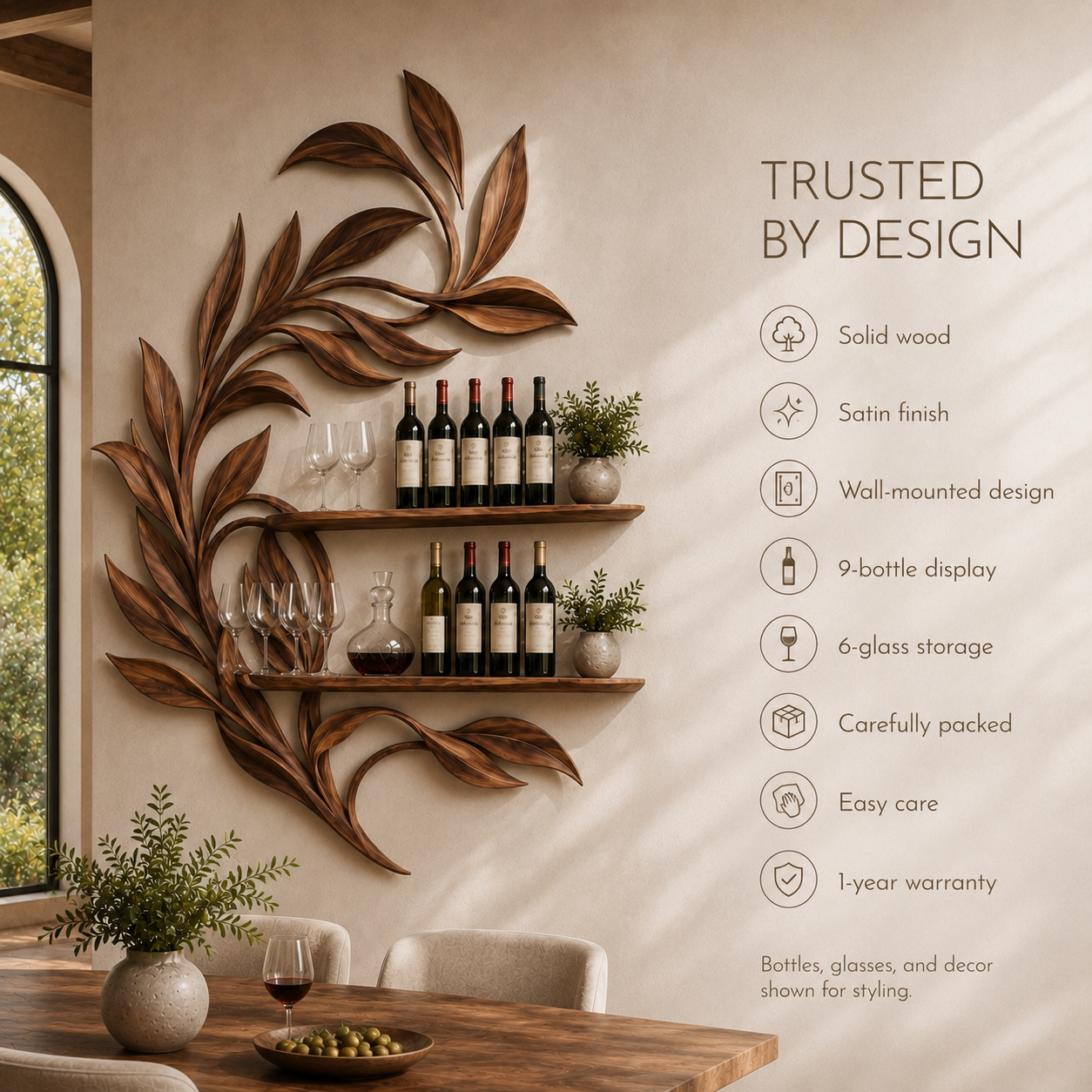 Solid Wood Wall Wine Rack with Glass Holder - 5 Bottle - Live Edge - product image 09