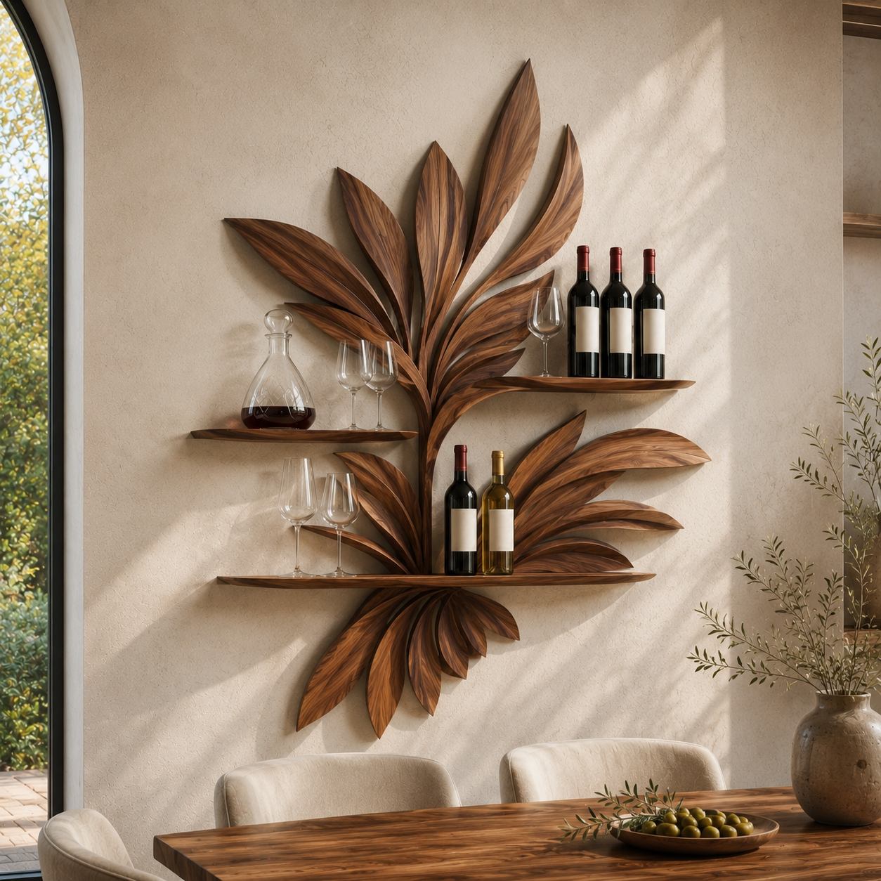 Solid Wood Wall Wine Rack with Glass Holder - 5 Bottle - Wave - main view