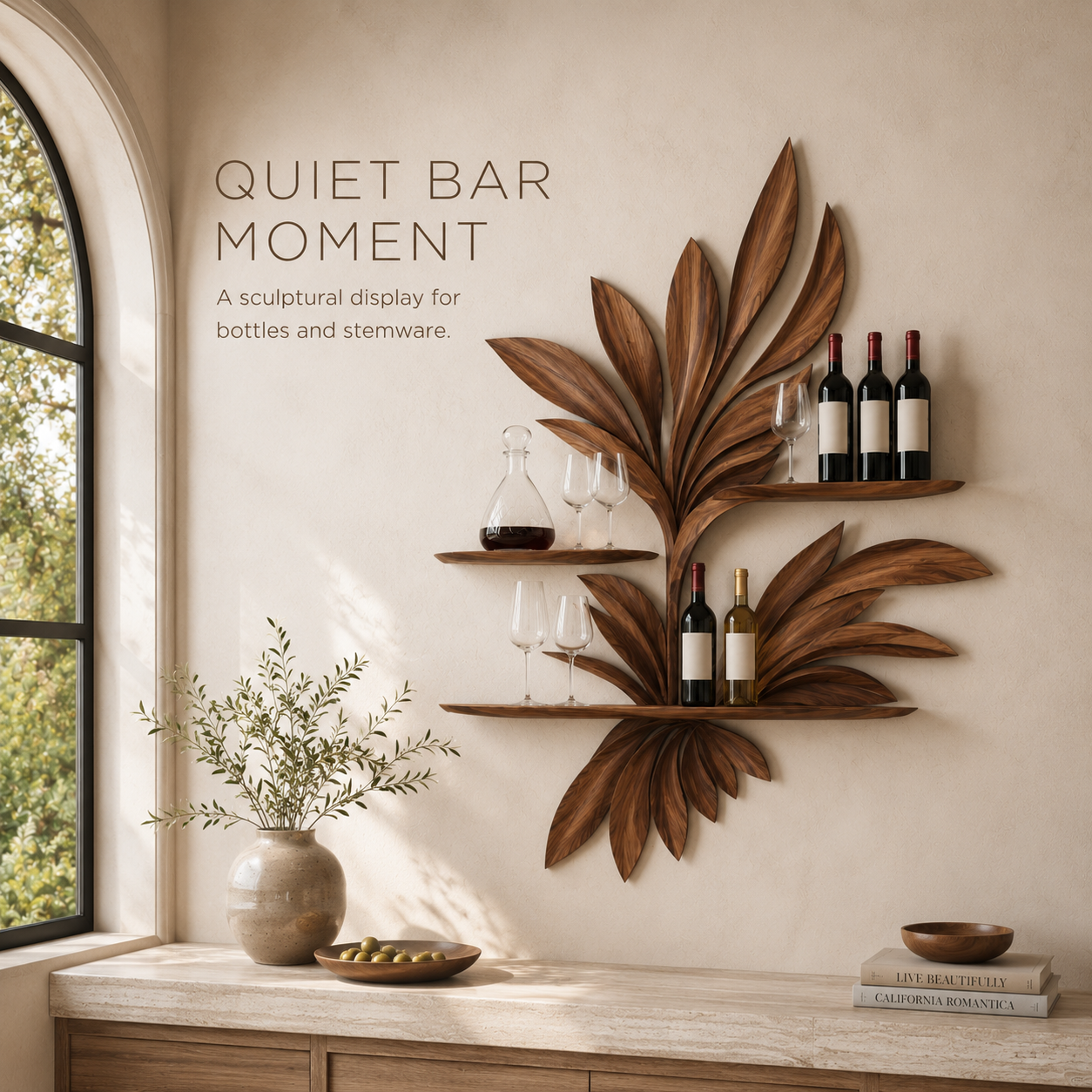 Solid Wood Wall Wine Rack with Glass Holder - 5 Bottle - Wave - product image 02