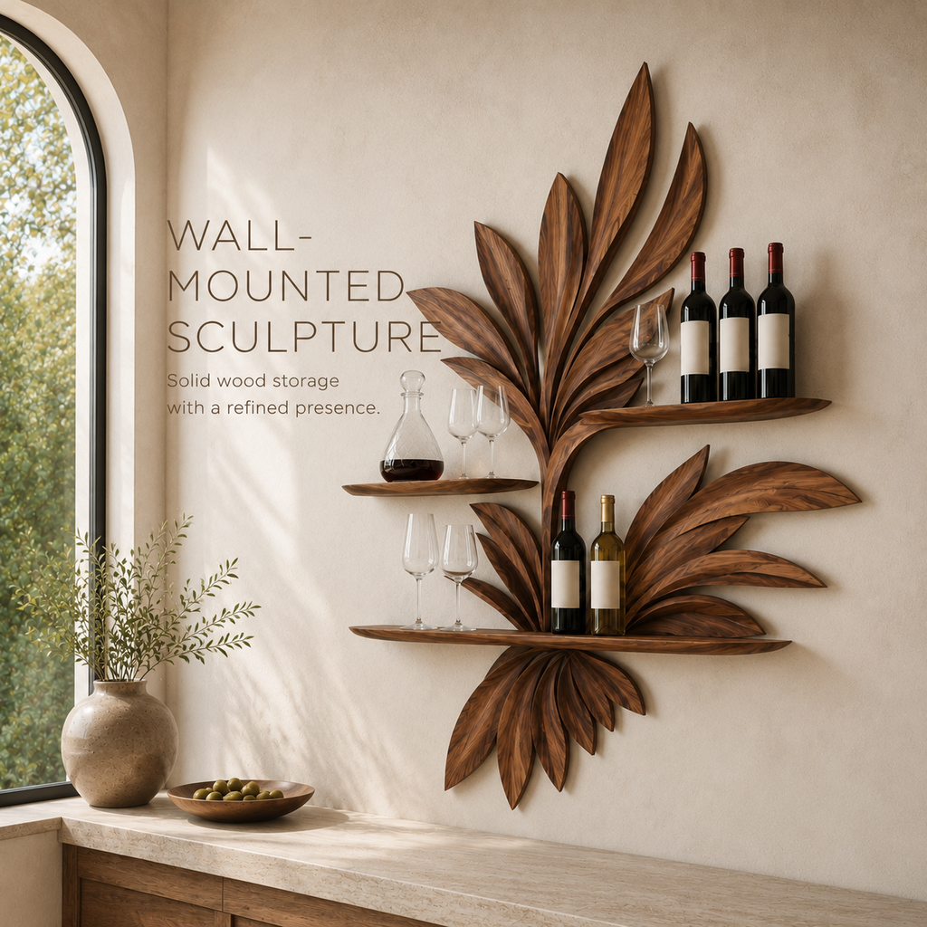 Solid Wood Wall Wine Rack with Glass Holder - 5 Bottle - Wave - product image 03