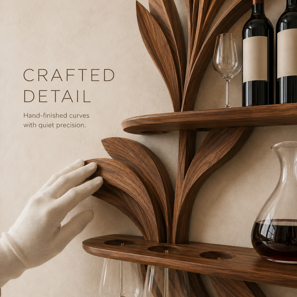 Solid Wood Wall Wine Rack with Glass Holder - 5 Bottle - Wave - product image 06
