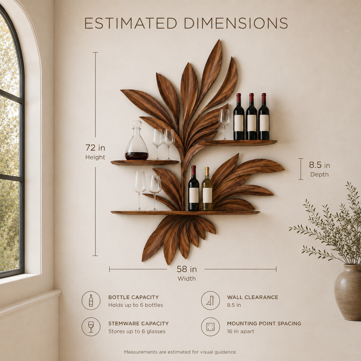 Solid Wood Wall Wine Rack with Glass Holder - 5 Bottle - Wave - product image 08