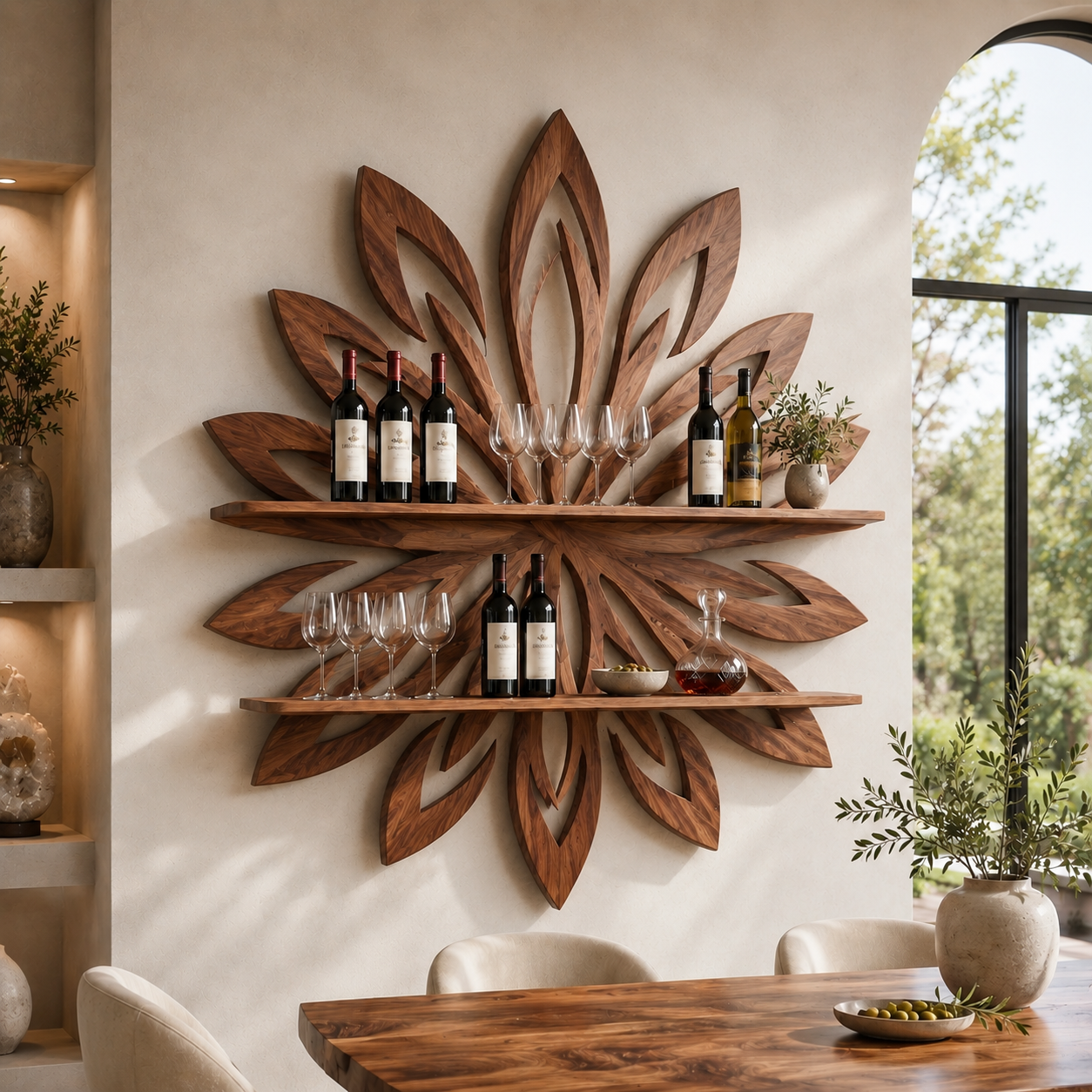 Solid Wood Wall Wine Rack with Glass Holder - 5 Bottle - Branch Form - main view
