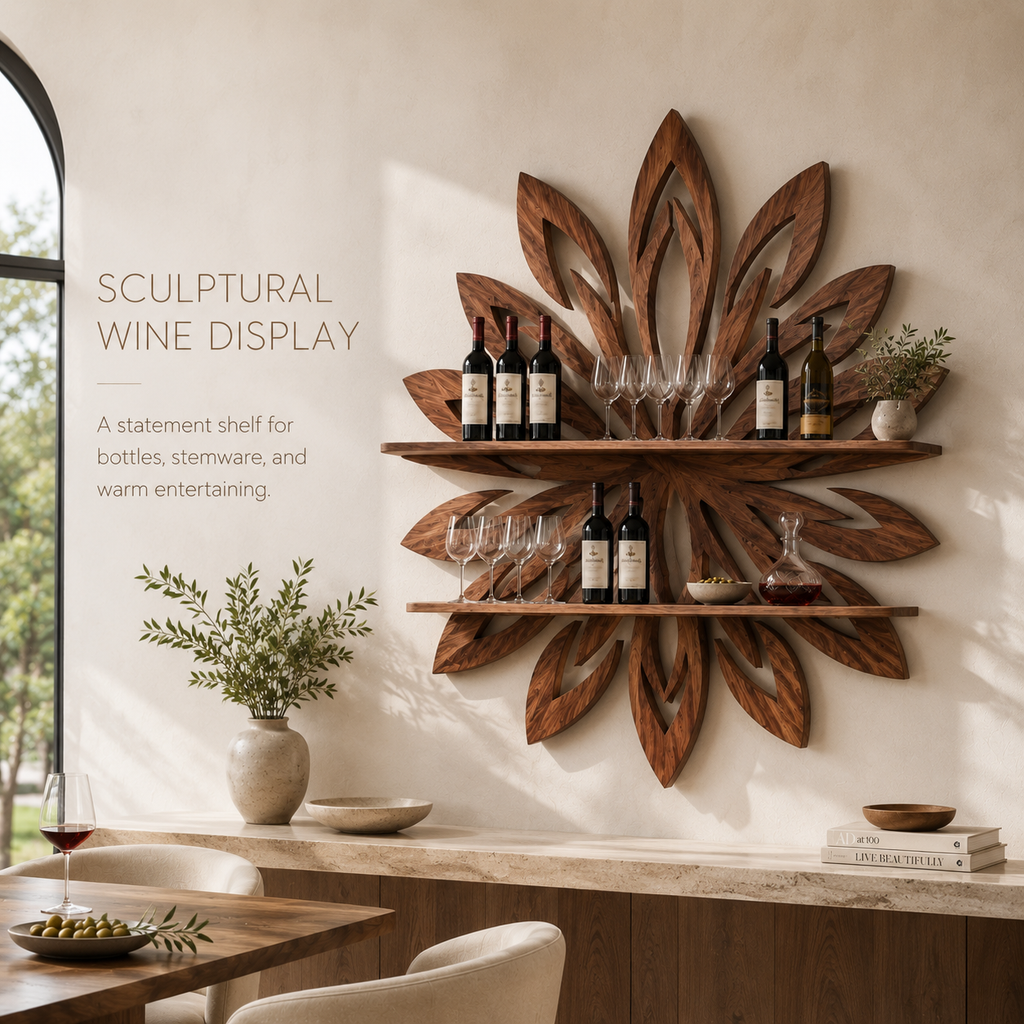 Solid Wood Wall Wine Rack with Glass Holder - 5 Bottle - Branch Form - product image 02