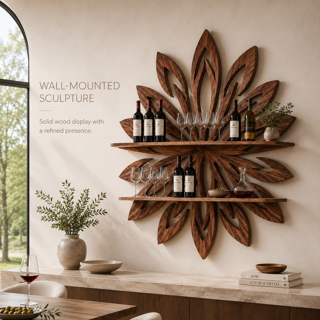 Solid Wood Wall Wine Rack with Glass Holder - 5 Bottle - Branch Form - product image 03