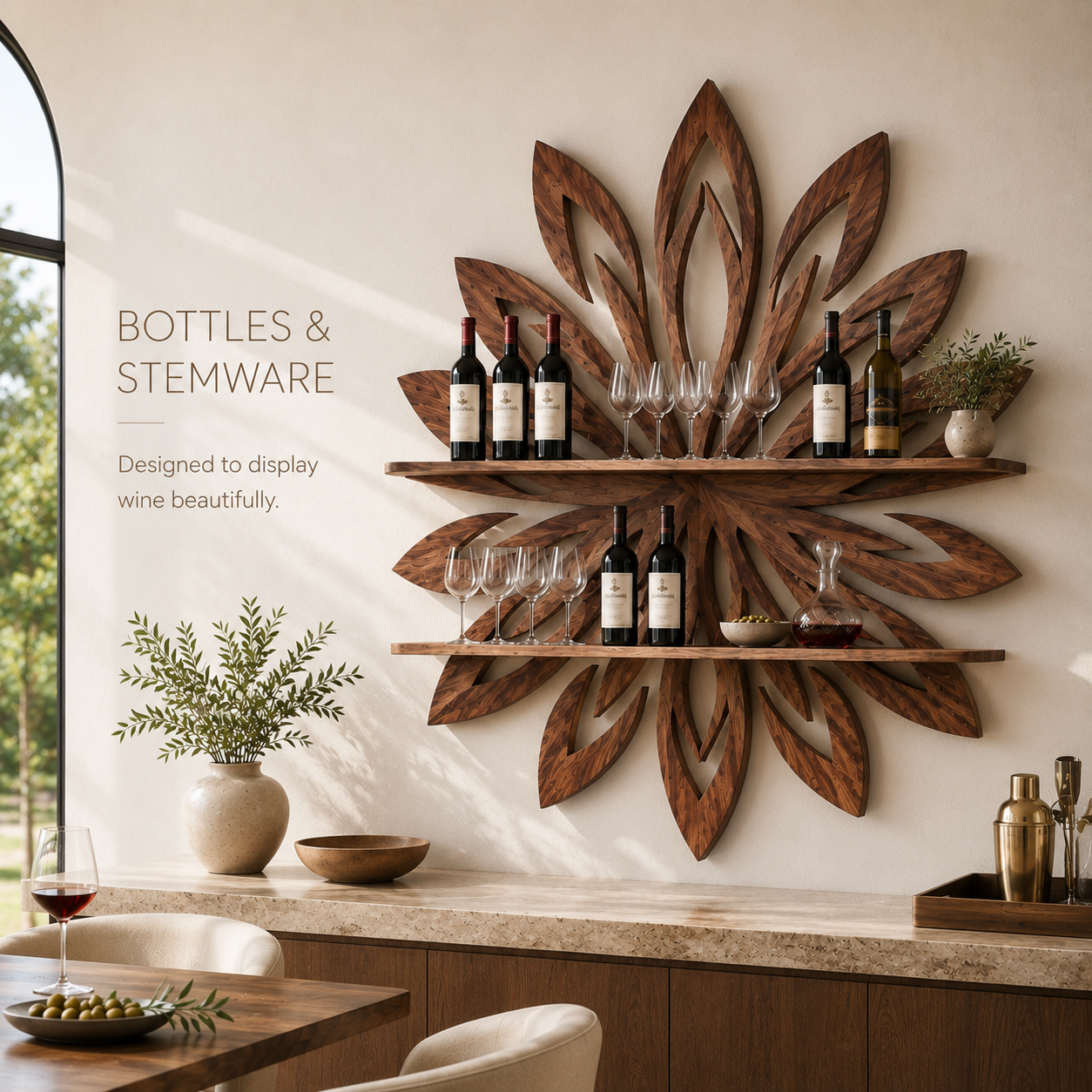 Solid Wood Wall Wine Rack with Glass Holder - 5 Bottle - Branch Form - product image 07