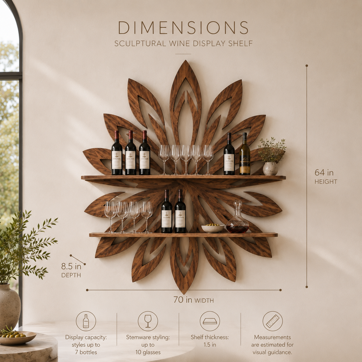 Solid Wood Wall Wine Rack with Glass Holder - 5 Bottle - Branch Form - product image 08