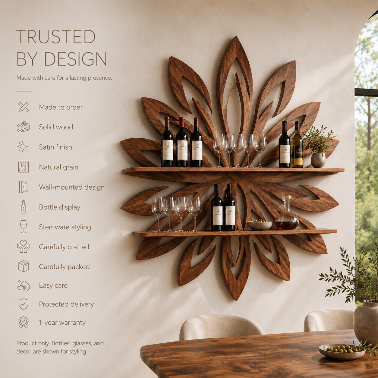 Solid Wood Wall Wine Rack with Glass Holder - 5 Bottle - Branch Form - product image 09