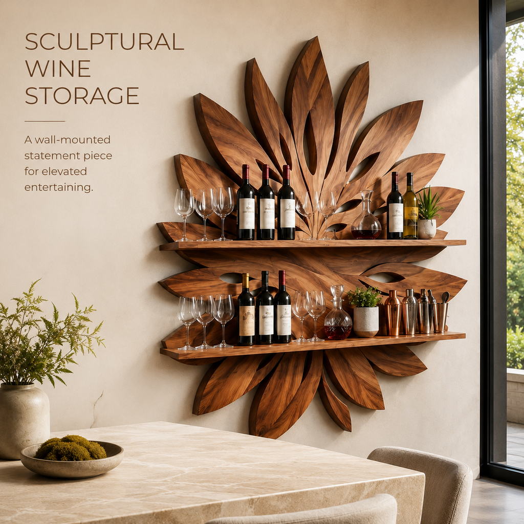 Solid Wood Wall Wine Rack with Glass Holder - 5 Bottle - Arched - product image 02