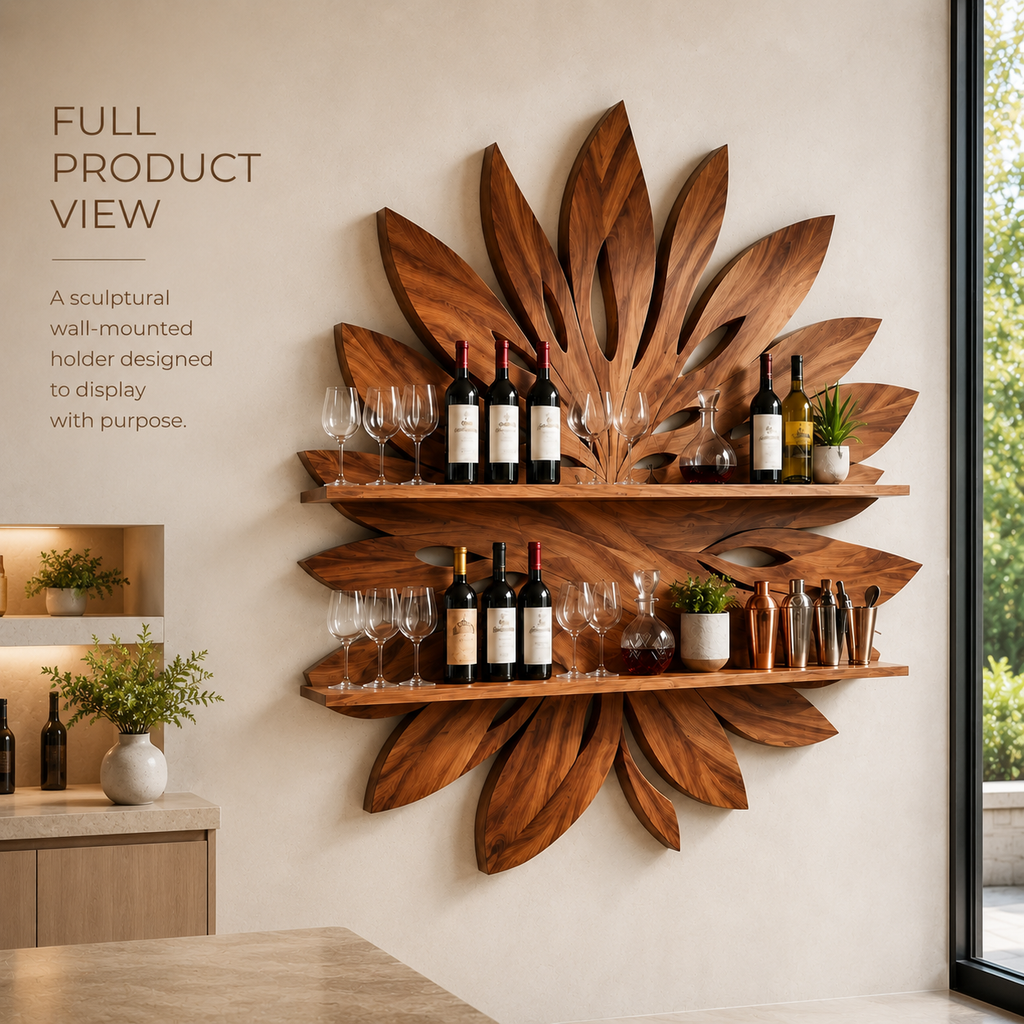 Solid Wood Wall Wine Rack with Glass Holder - 5 Bottle - Arched - product image 03