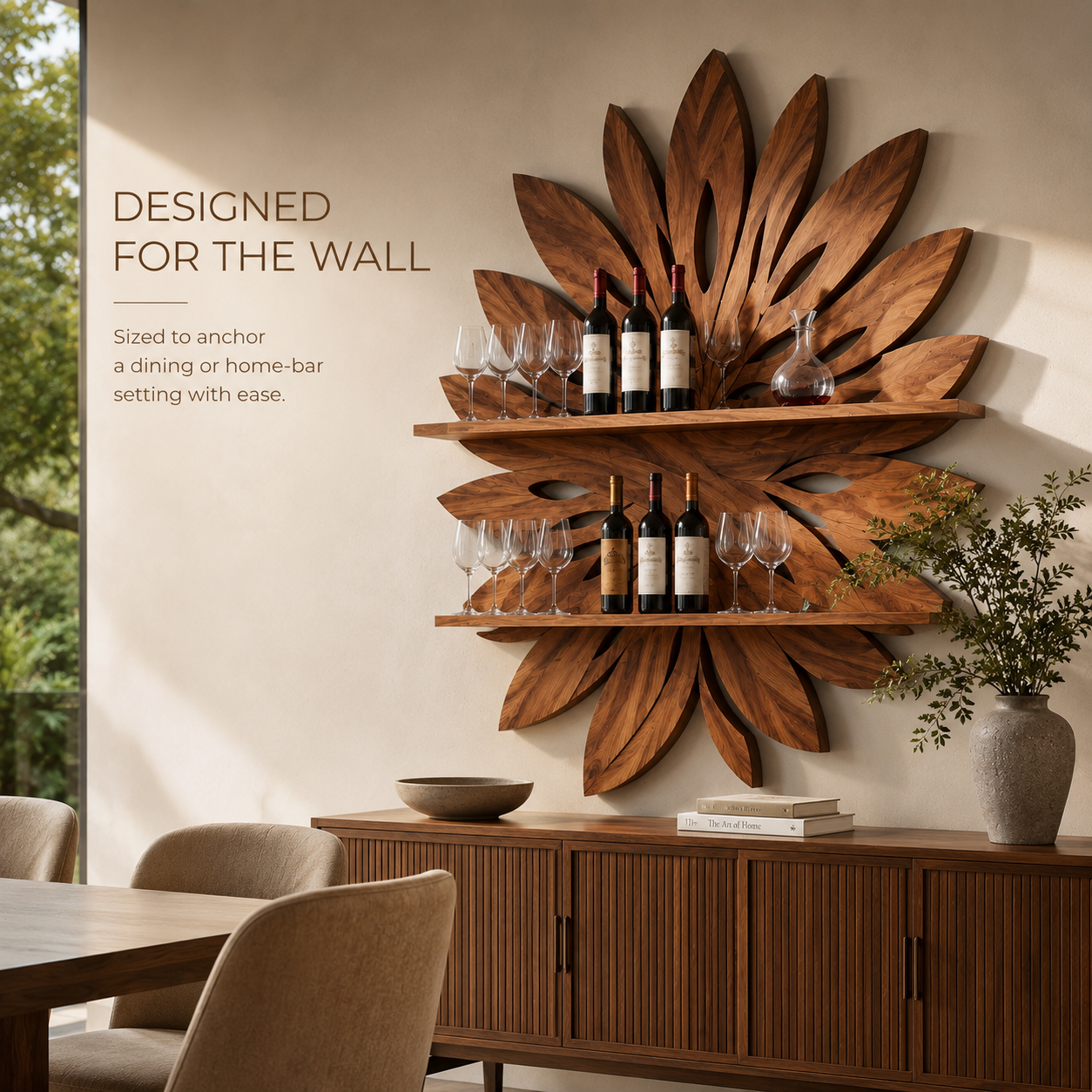 Solid Wood Wall Wine Rack with Glass Holder - 5 Bottle - Arched - product image 04