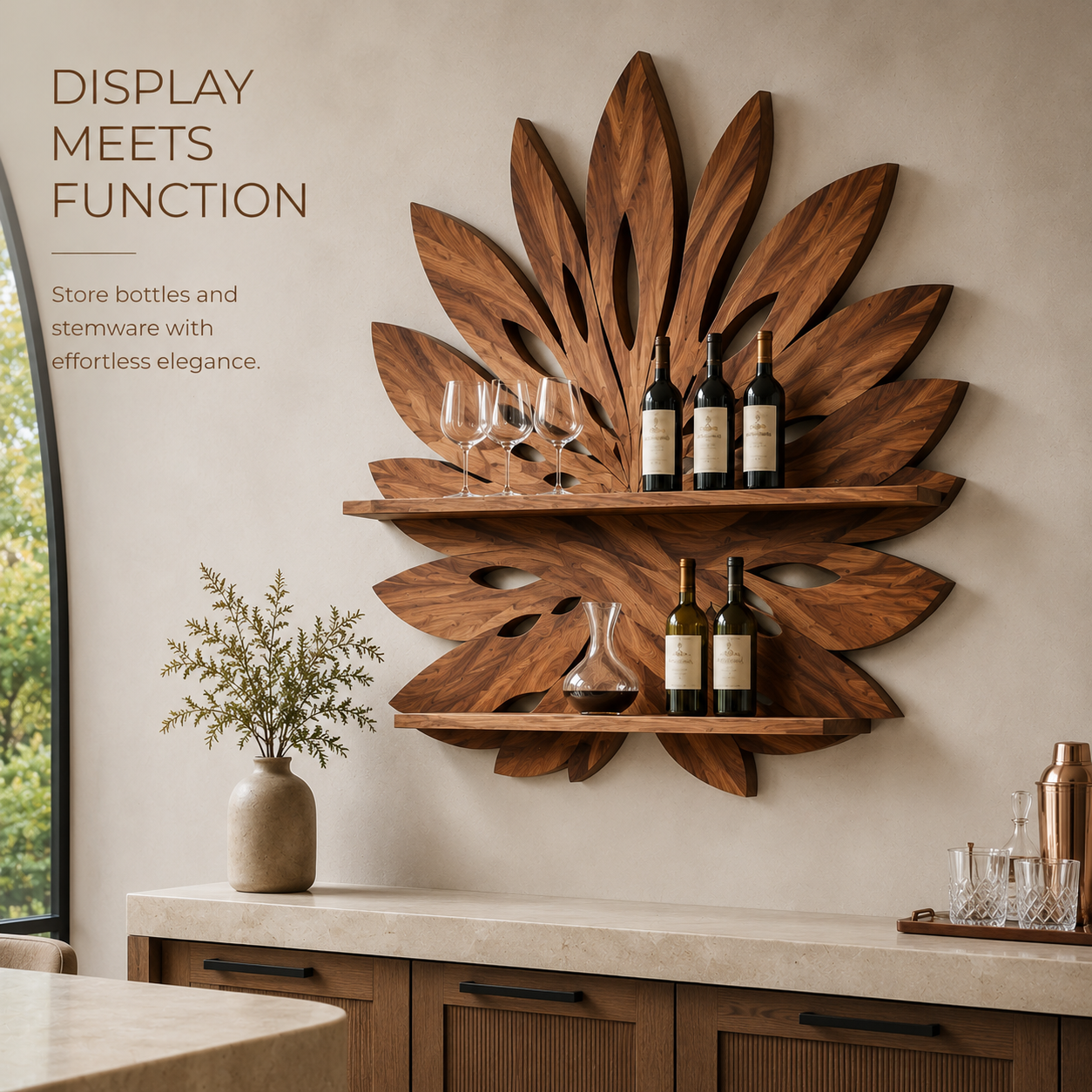 Solid Wood Wall Wine Rack with Glass Holder - 5 Bottle - Arched - product image 06