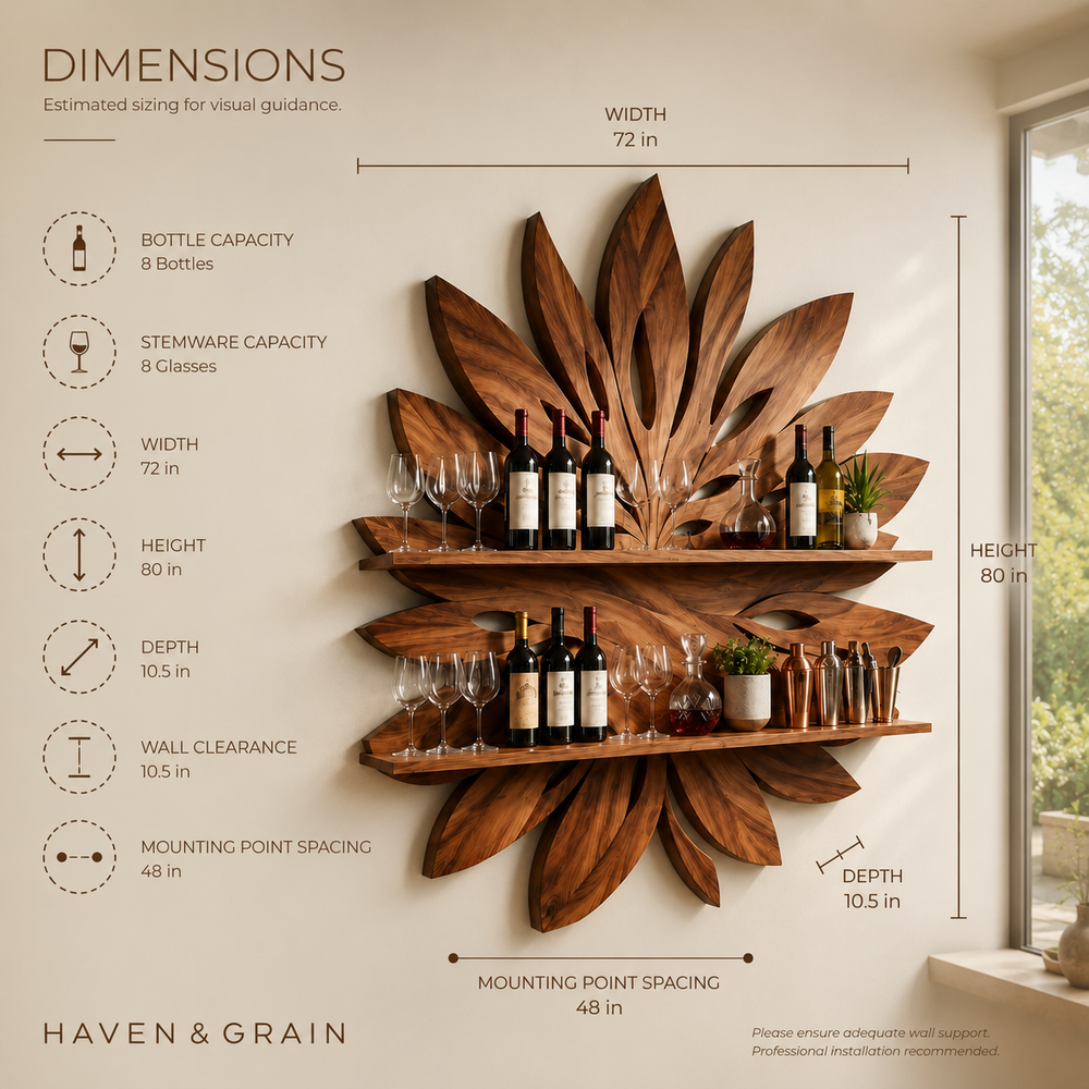Solid Wood Wall Wine Rack with Glass Holder - 5 Bottle - Arched - product image 07