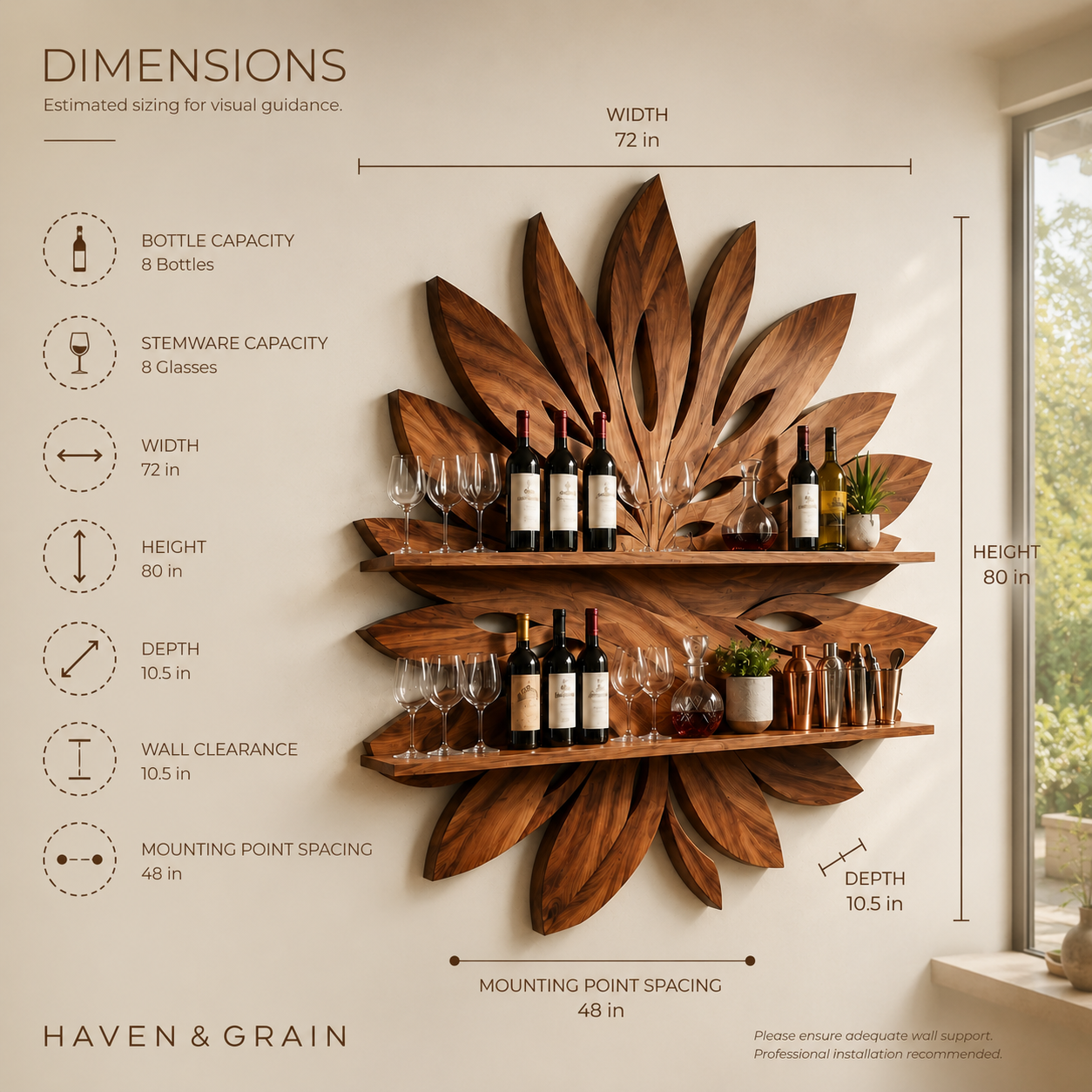 Solid Wood Wall Wine Rack with Glass Holder - 5 Bottle - Arched - product image 07