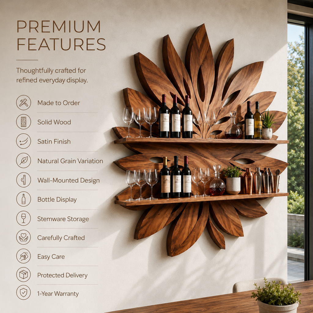 Solid Wood Wall Wine Rack with Glass Holder - 5 Bottle - Arched - product image 08