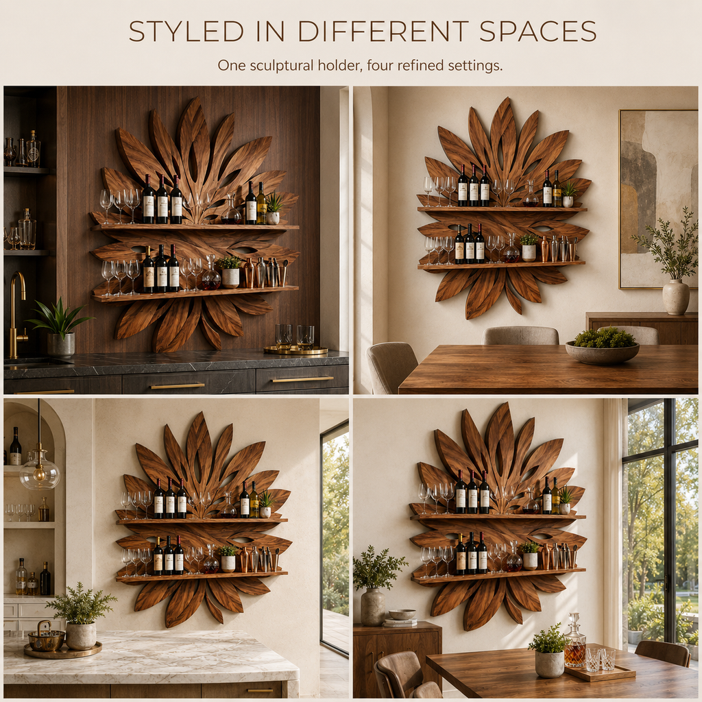 Solid Wood Wall Wine Rack with Glass Holder - 5 Bottle - Arched - product image 09