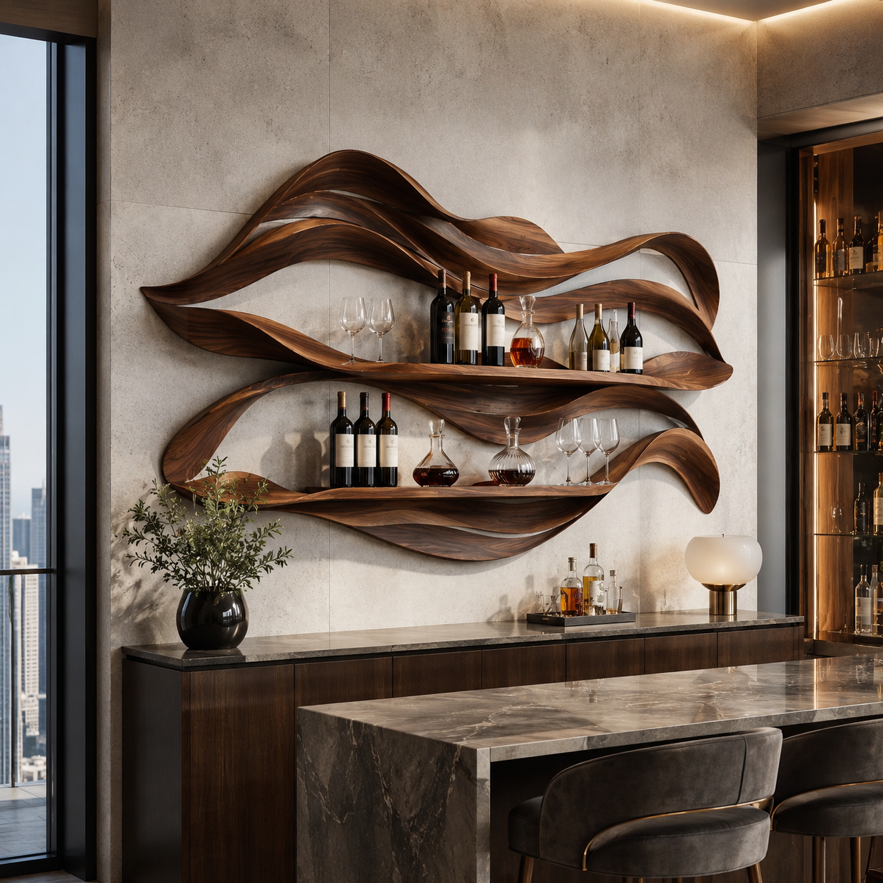 Solid Wood Wall Wine Rack with Glass Holder - 5 Bottle - Crescent - main view