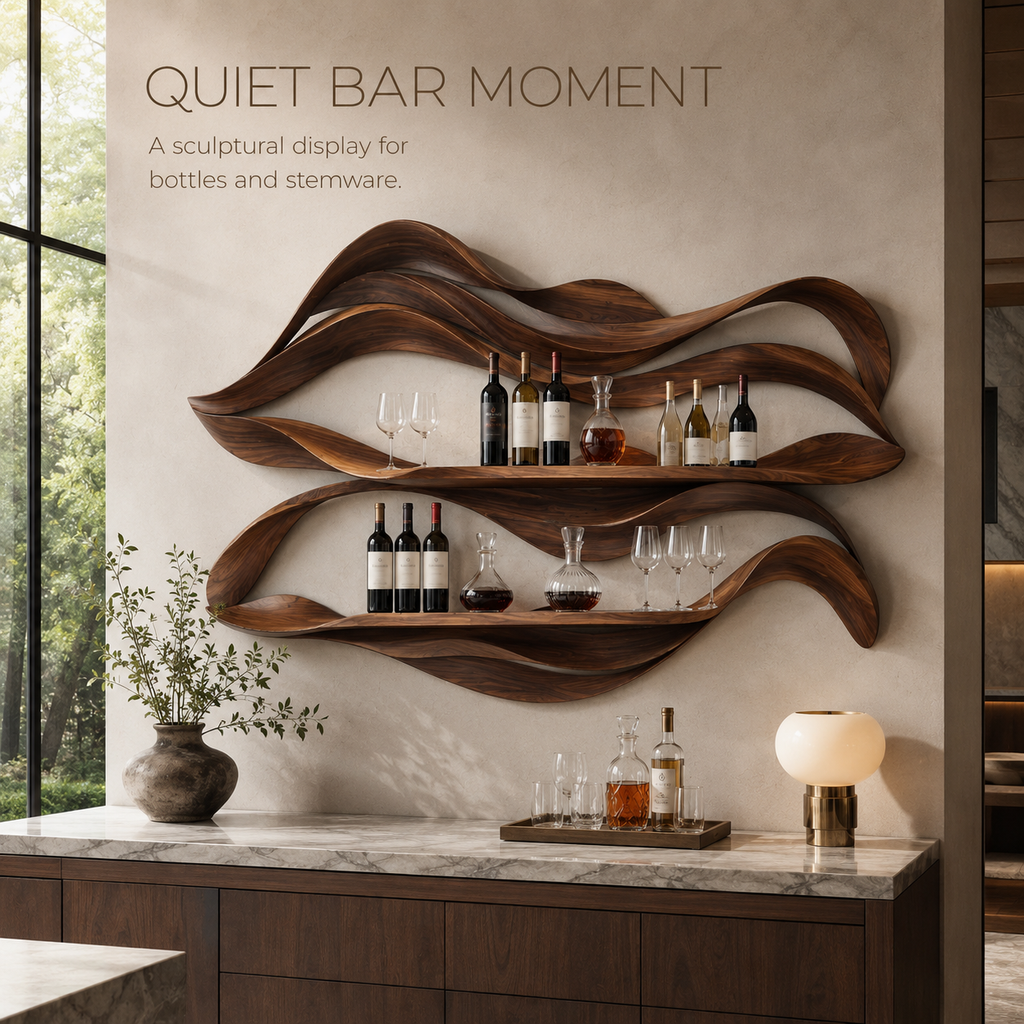 Solid Wood Wall Wine Rack with Glass Holder - 5 Bottle - Crescent - product image 02