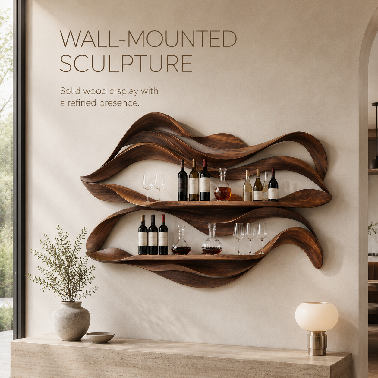 Solid Wood Wall Wine Rack with Glass Holder - 5 Bottle - Crescent - product image 03