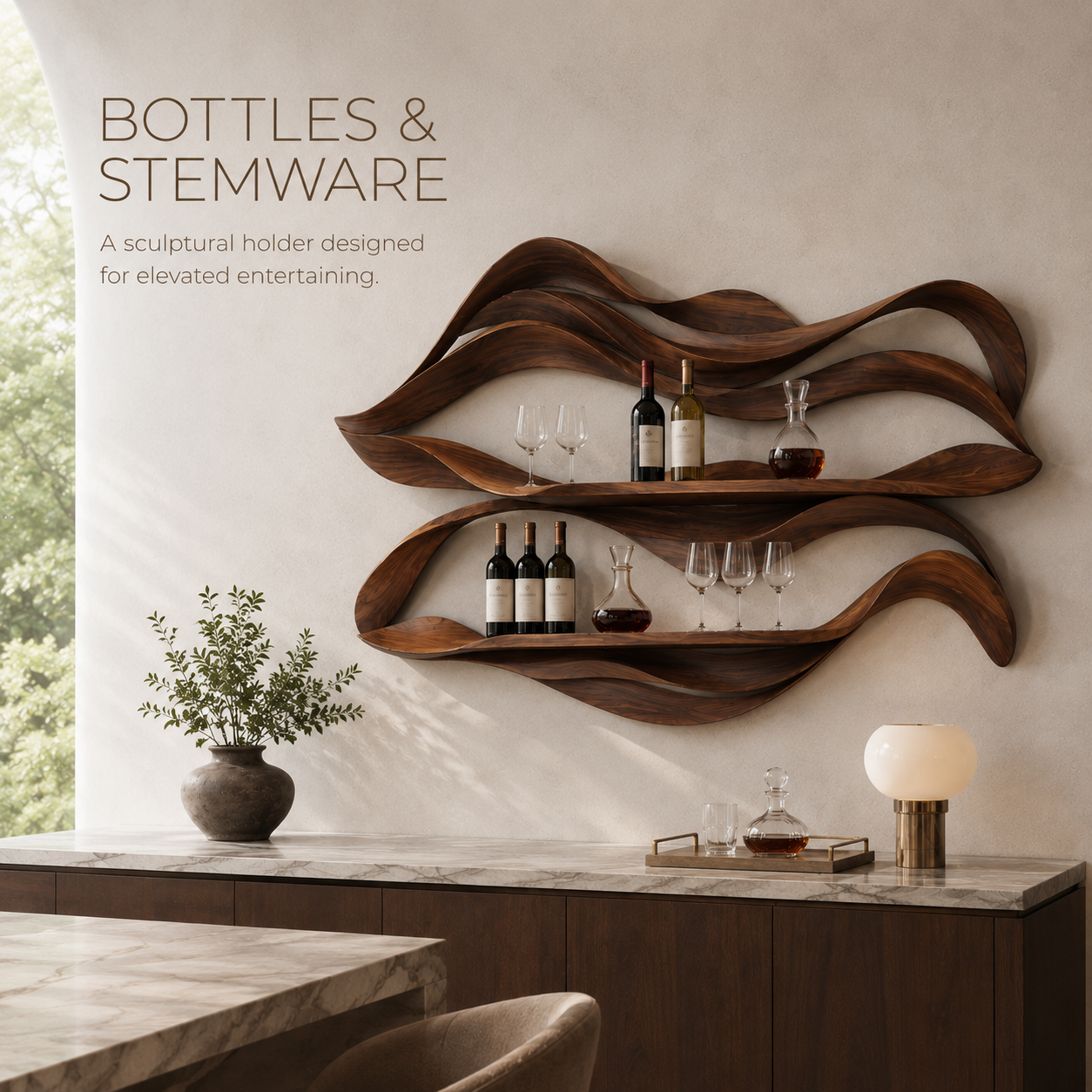 Solid Wood Wall Wine Rack with Glass Holder - 5 Bottle - Crescent - product image 07