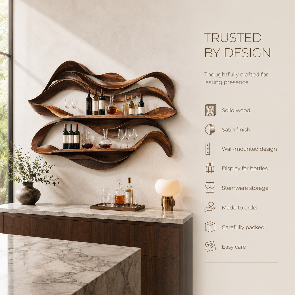 Solid Wood Wall Wine Rack with Glass Holder - 5 Bottle - Crescent - product image 09