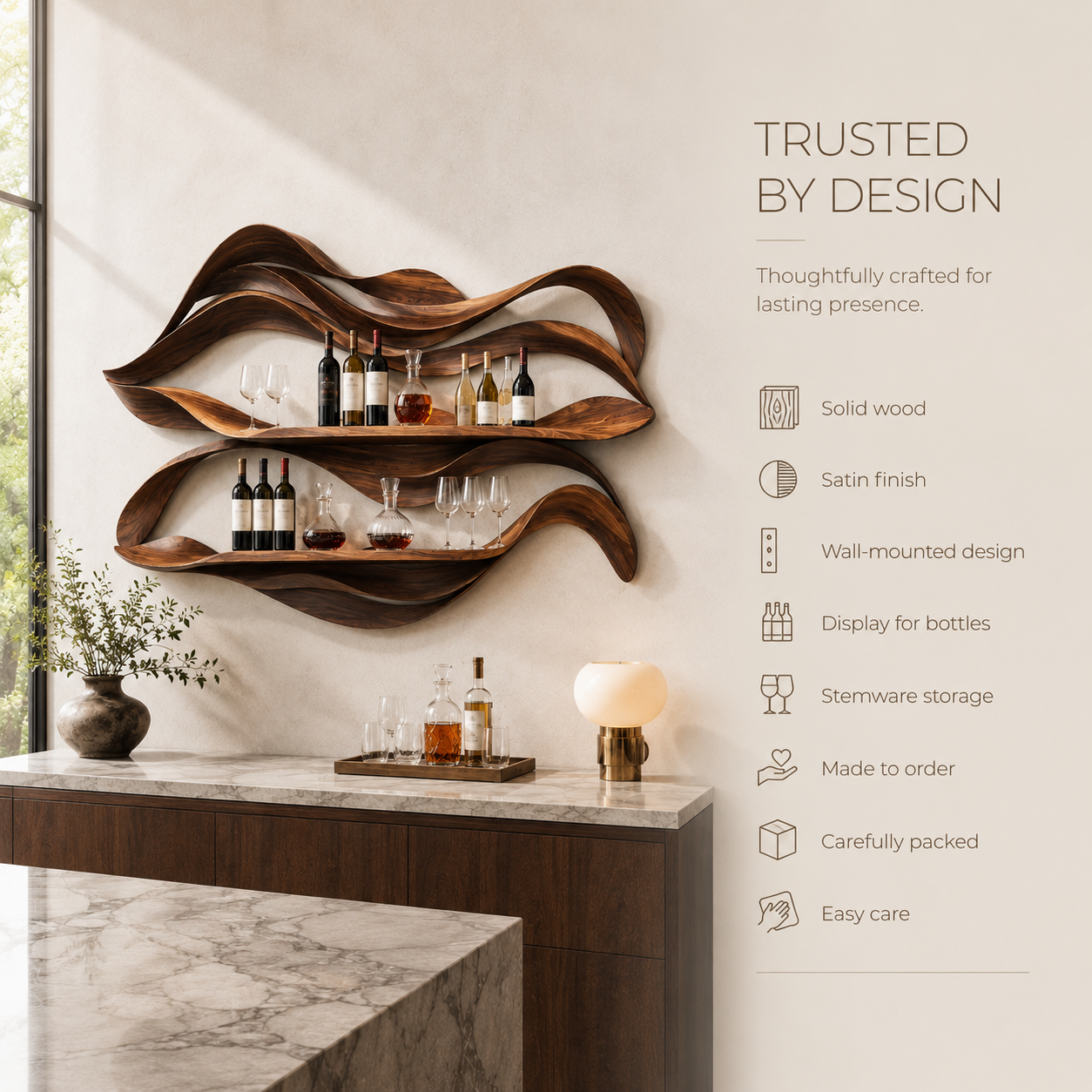 Solid Wood Wall Wine Rack with Glass Holder - 5 Bottle - Crescent - product image 09