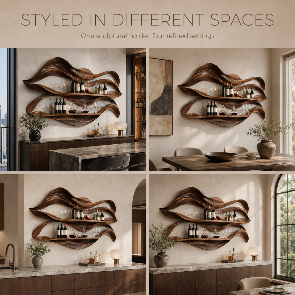 Solid Wood Wall Wine Rack with Glass Holder - 5 Bottle - Crescent - product image 10