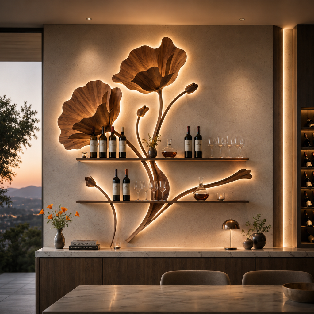Solid Wood Wall Wine Rack with Glass Holder - 5 Bottle - Gallery Rail - main view
