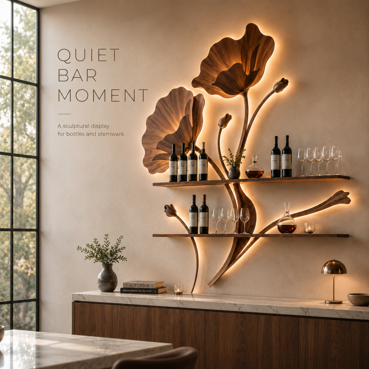Solid Wood Wall Wine Rack with Glass Holder - 5 Bottle - Gallery Rail - product image 02